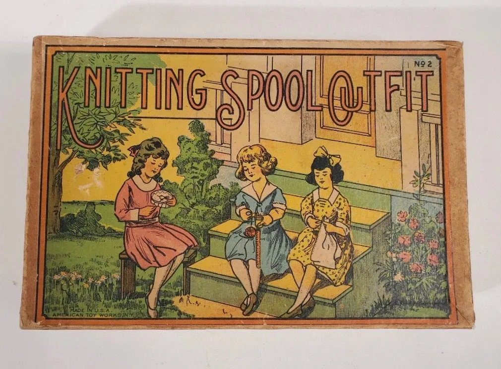 1920's Antique KNITTING SPOOL OUTFIT Children's Game, Nearly Complete