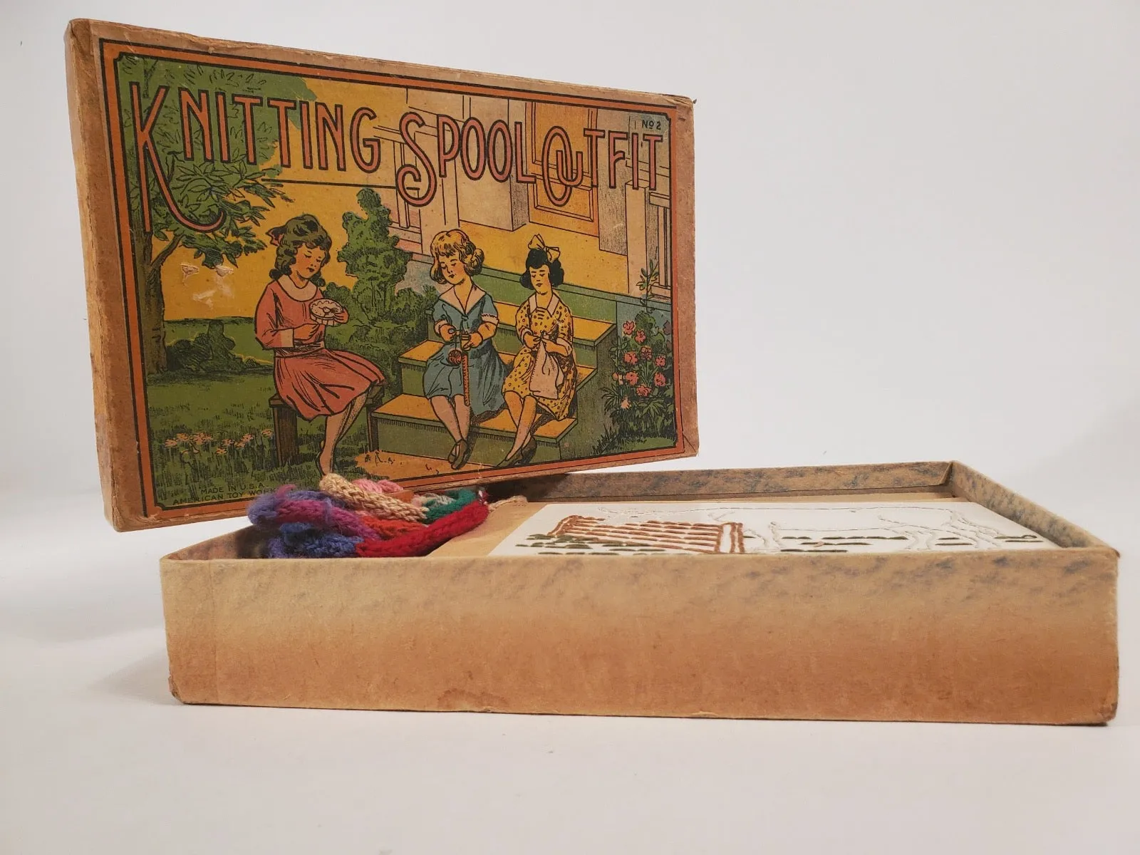 1920's Antique KNITTING SPOOL OUTFIT Children's Game, Nearly Complete