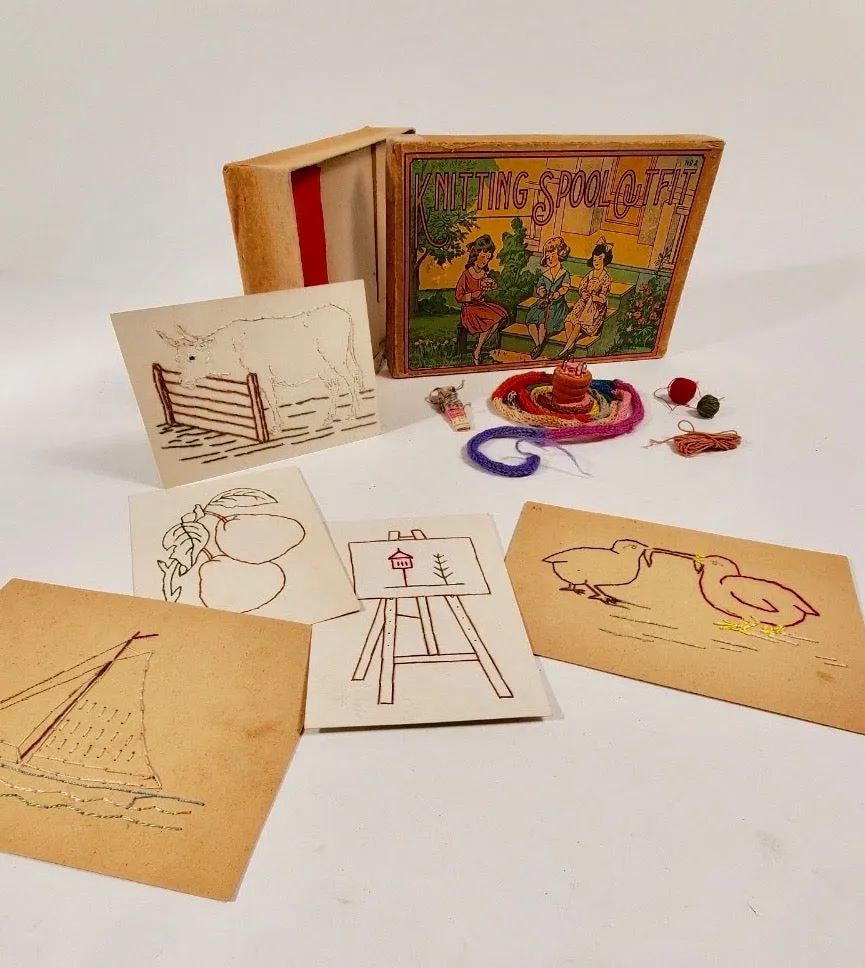 1920's Antique KNITTING SPOOL OUTFIT Children's Game, Nearly Complete