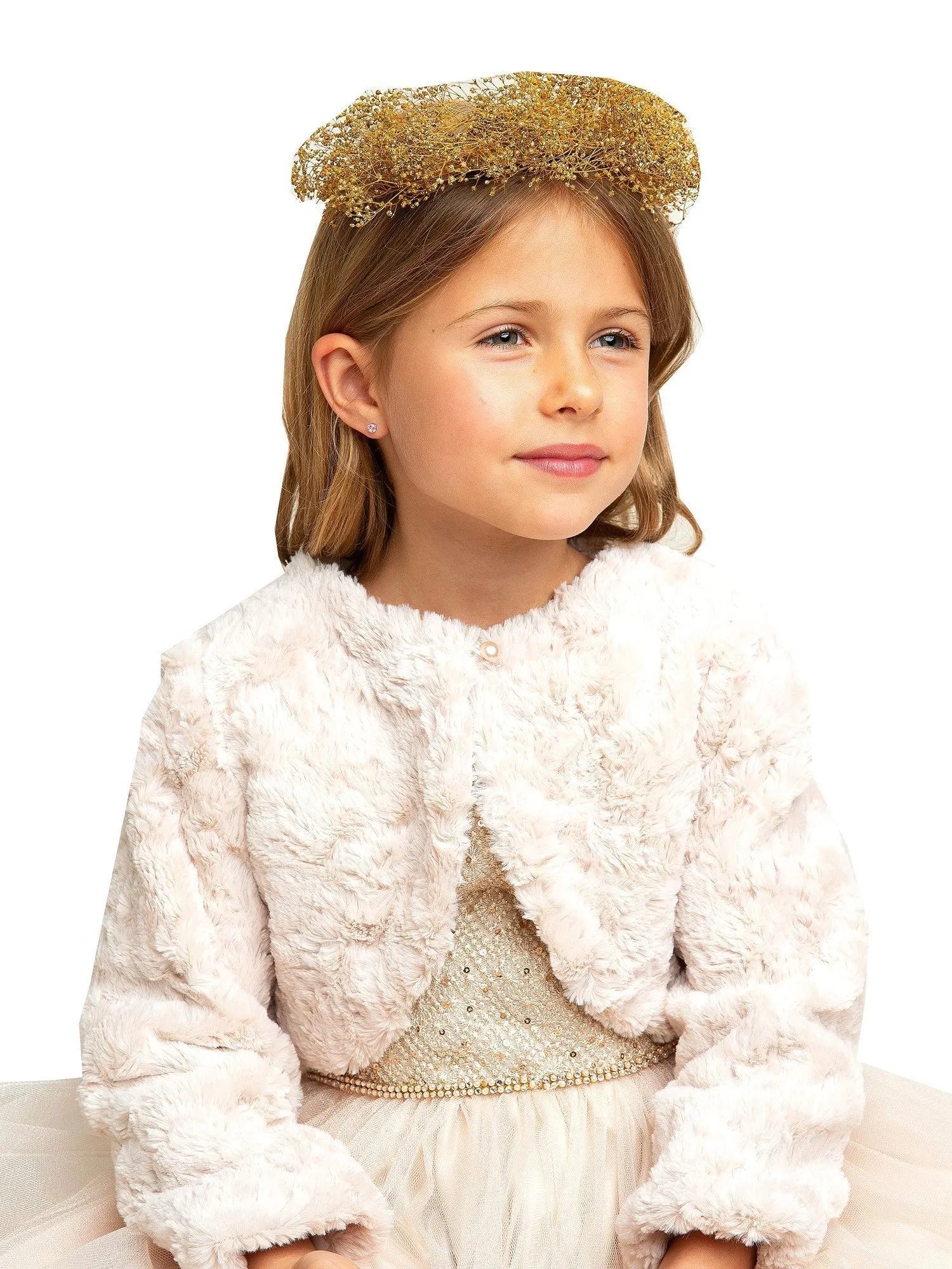 Big Girls Champagne Fur Pearl Button Long Sleeve Bolero Sweater 7-16