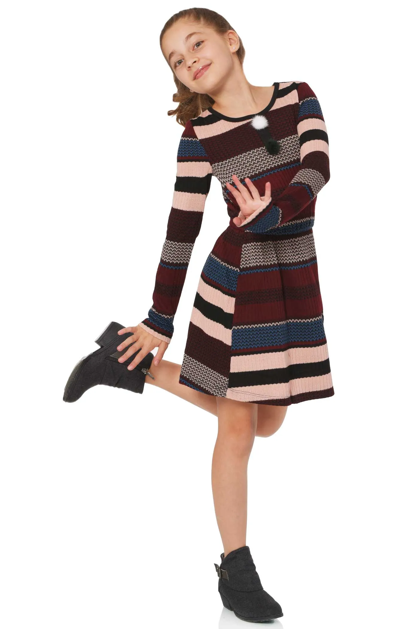 Big Girls Striped Sweater Knit Long Sleeve Dress