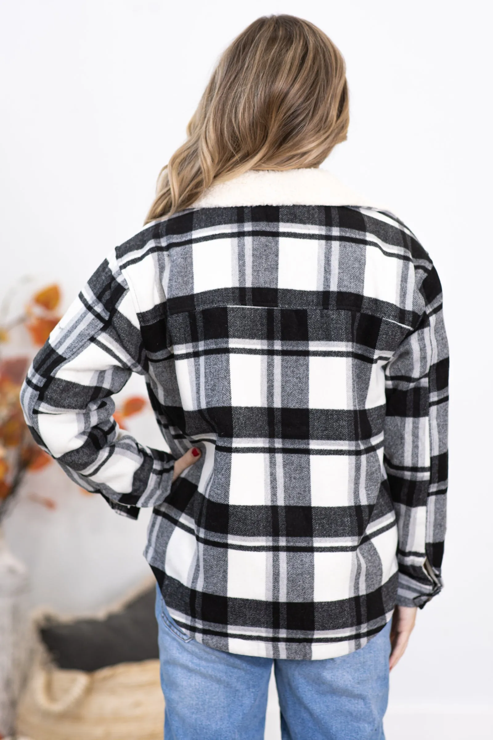 Black Plaid Jacket With Sherpa Collar