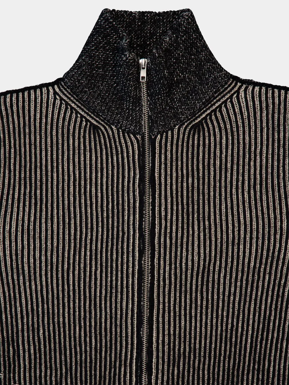 Black Ribbed Wool Zip Cardigan