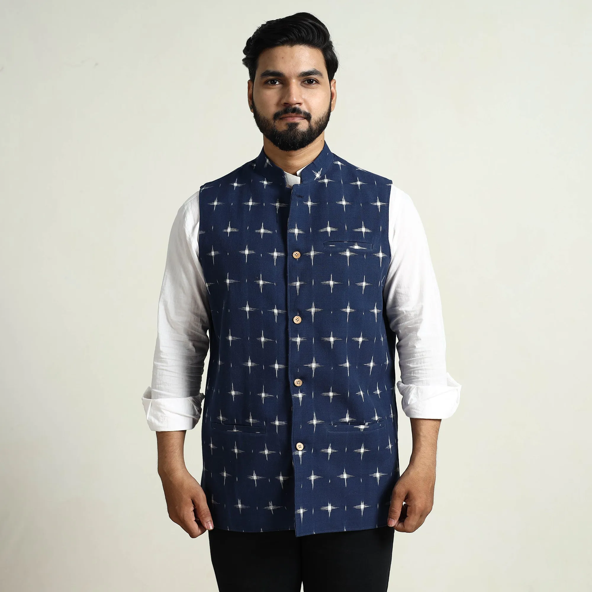 Blue - Pochampally Double Ikat Handloom Cotton Men Nehru Jacket 14