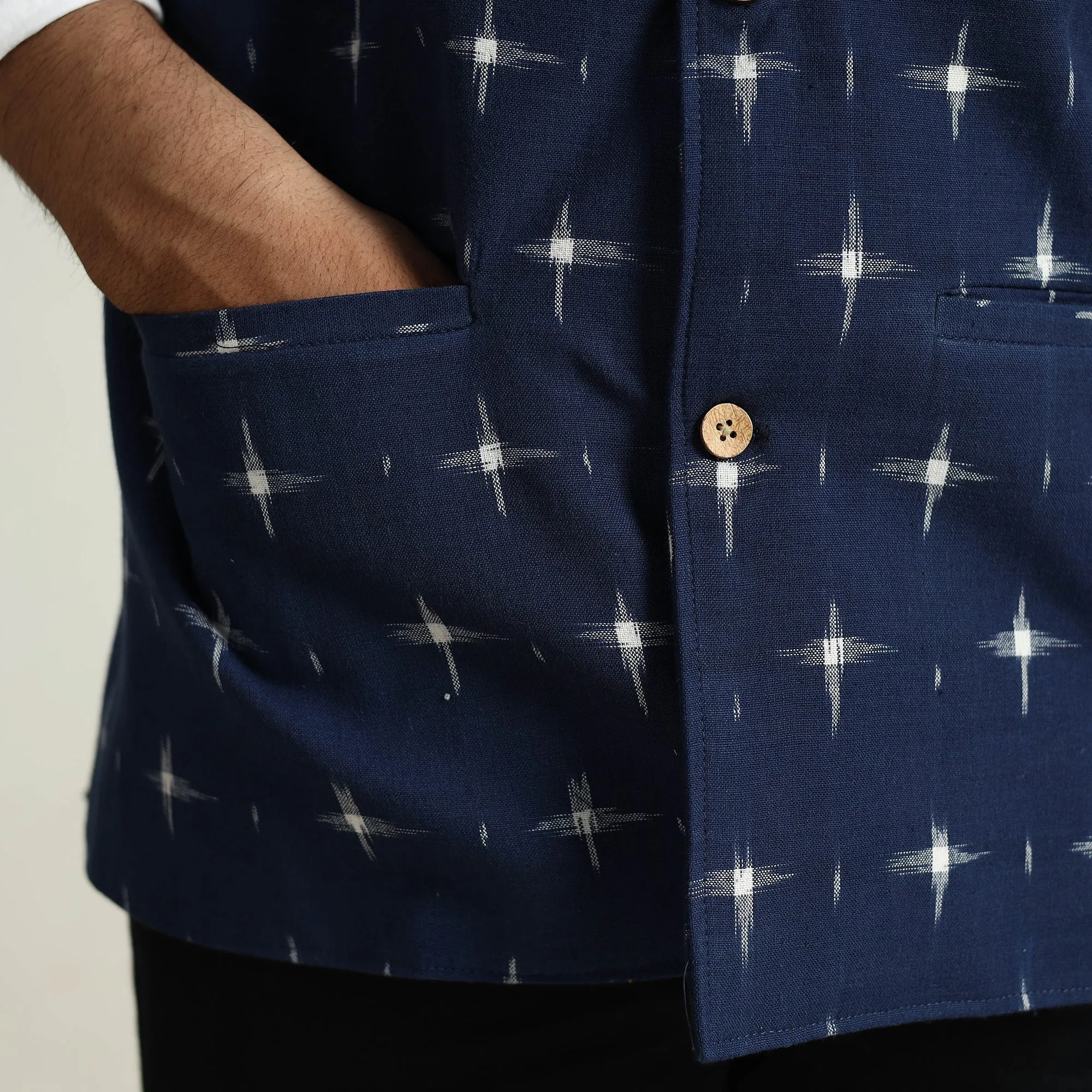 Blue - Pochampally Double Ikat Handloom Cotton Men Nehru Jacket 14