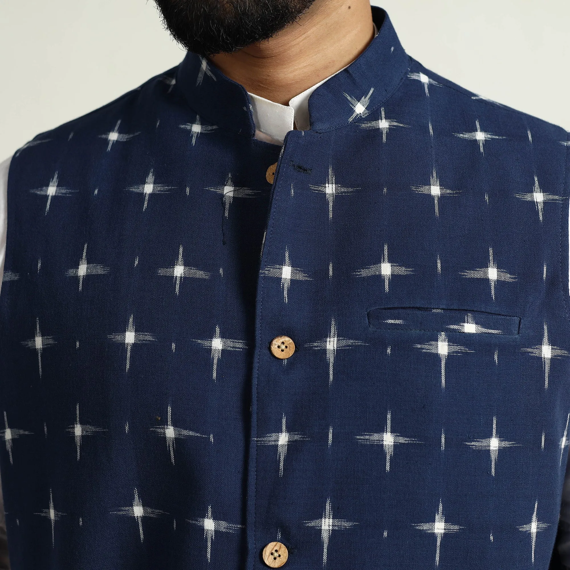 Blue - Pochampally Double Ikat Handloom Cotton Men Nehru Jacket 14