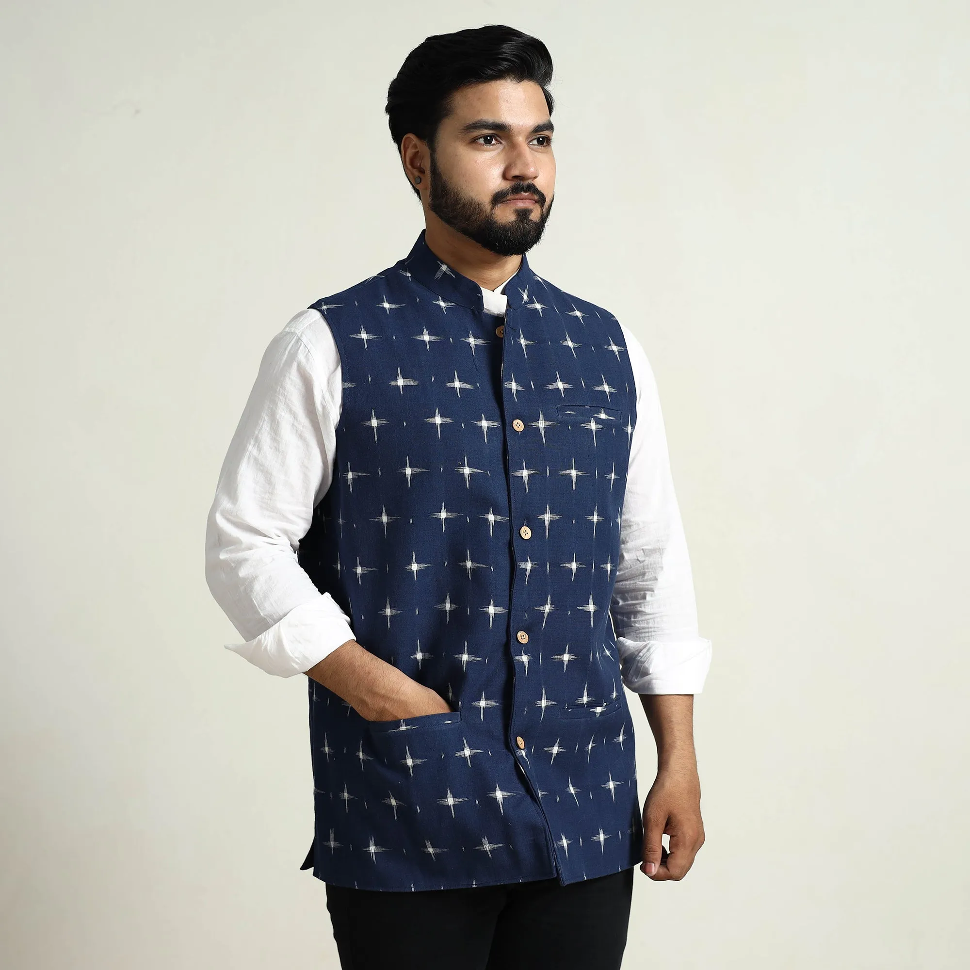 Blue - Pochampally Double Ikat Handloom Cotton Men Nehru Jacket 14