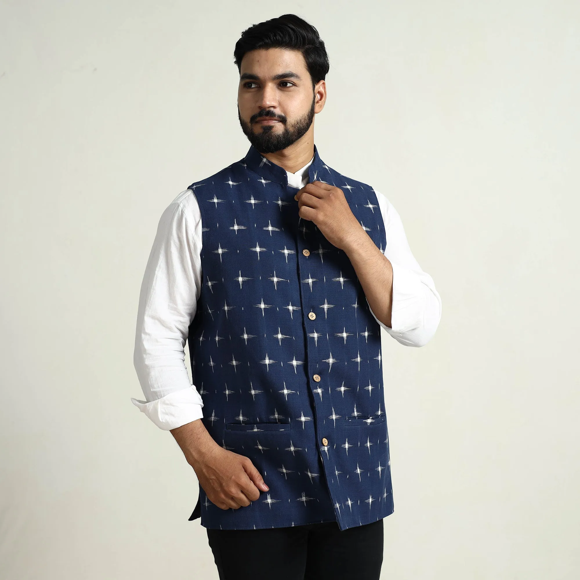 Blue - Pochampally Double Ikat Handloom Cotton Men Nehru Jacket 14