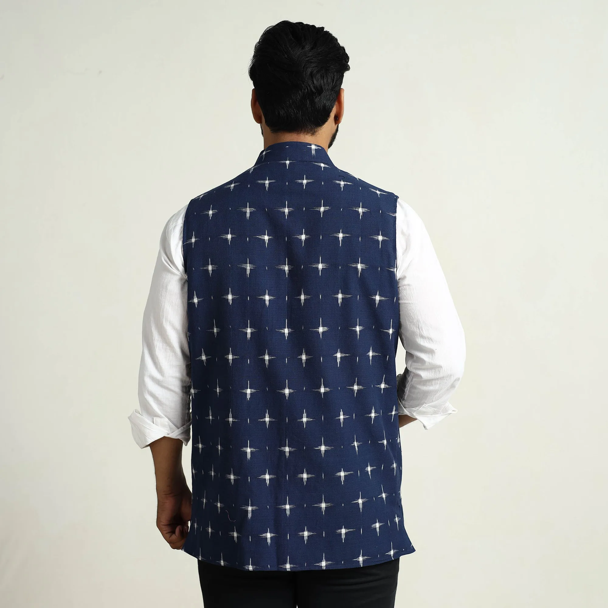 Blue - Pochampally Double Ikat Handloom Cotton Men Nehru Jacket 14