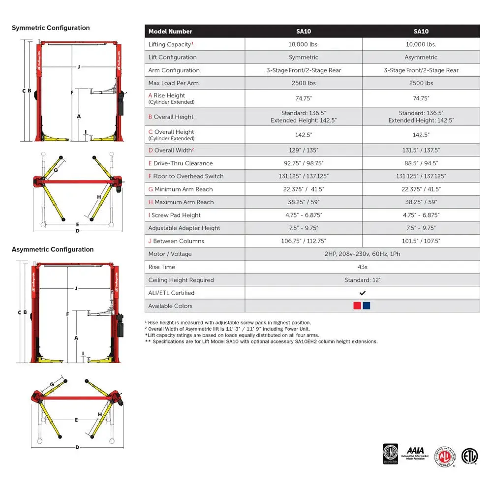 Challenger SA10 10K Symmetric/Asymmetric 2-Post Car Lift