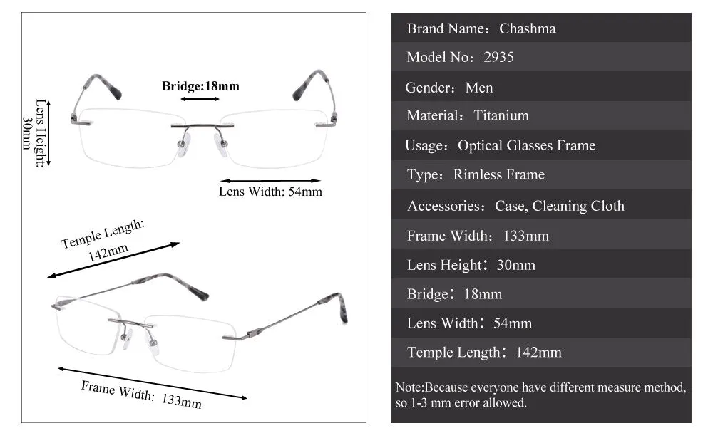 Chashma Ottica Unisex Rimless Square Titanium Eyeglasses 2935