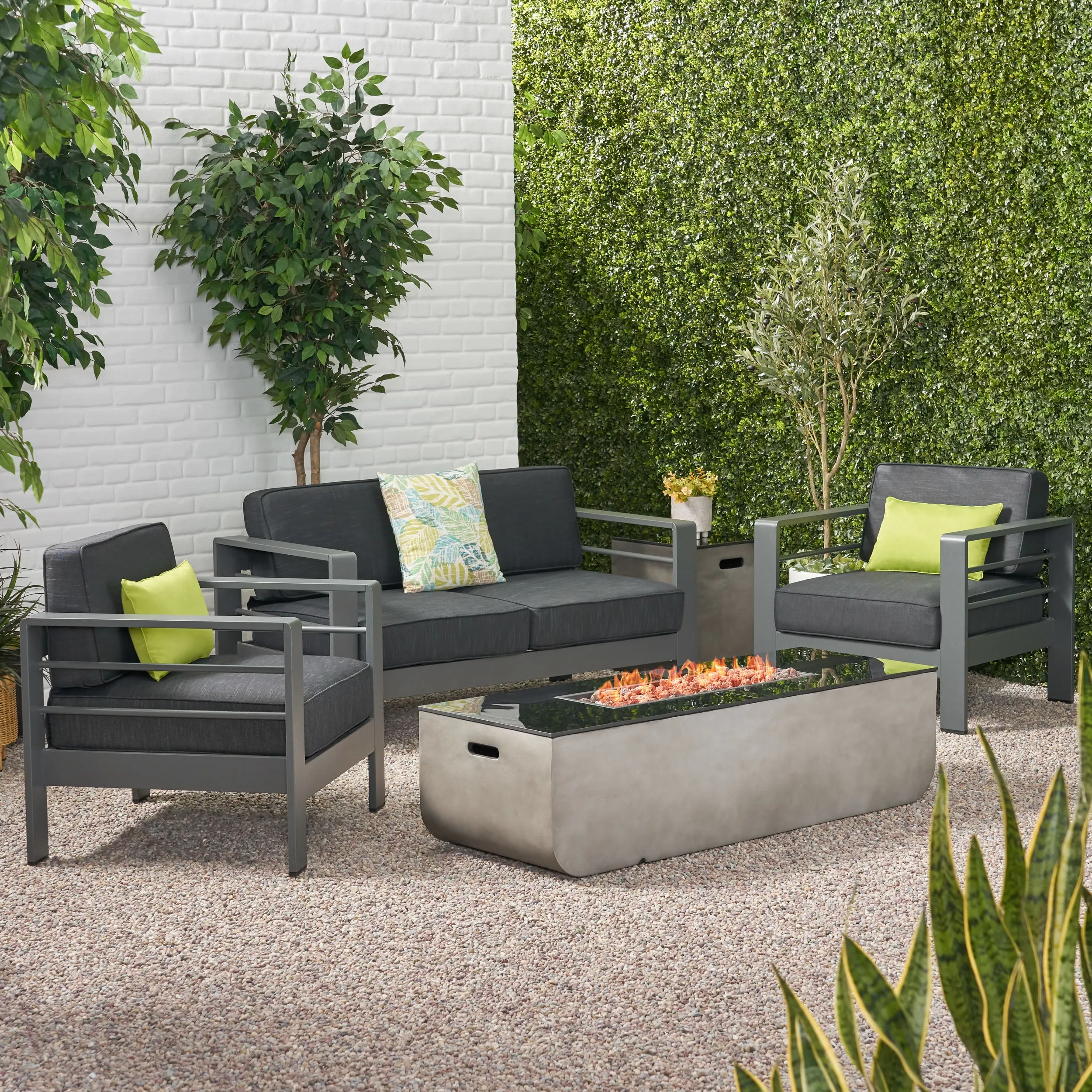 Cherie Outdoor 4 Seater Aluminum Chat Set with Fire Pit