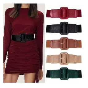 Classic Embossed Wide Belt Elegant Solid Color Elastic Waistband Vintage Dress Coat Girdle For Women Girls