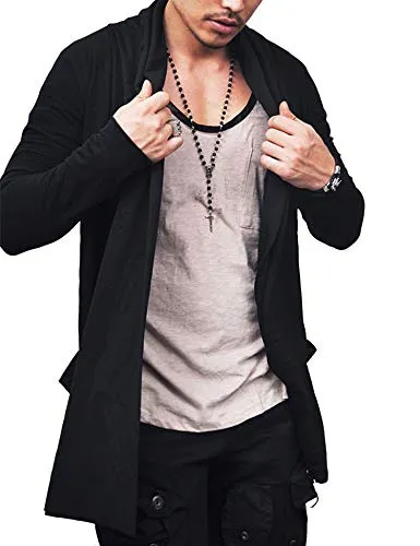 COOFANDY Men's Ruffle Shawl Collar Cardigan Premium Cotton Blend Long Length Drape Cape Overcoat Black