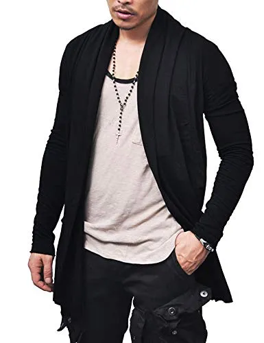 COOFANDY Men's Ruffle Shawl Collar Cardigan Premium Cotton Blend Long Length Drape Cape Overcoat Black