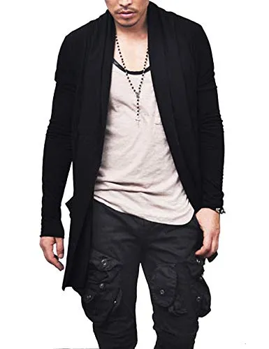 COOFANDY Men's Ruffle Shawl Collar Cardigan Premium Cotton Blend Long Length Drape Cape Overcoat Black