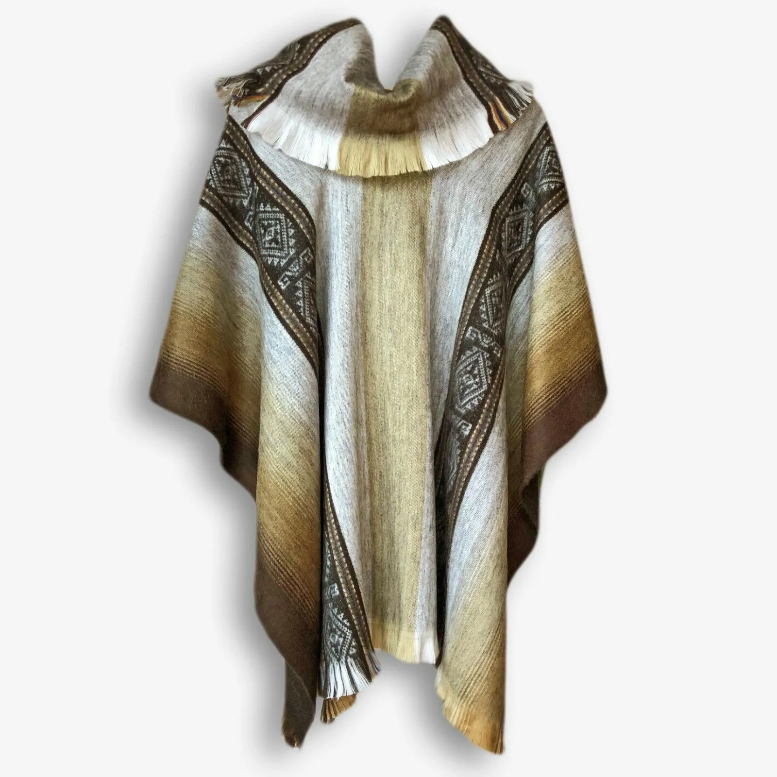 Cubi - Lightweight Baby Alpaca Wool Collared Unisex Poncho Pullover - Gray/Brown