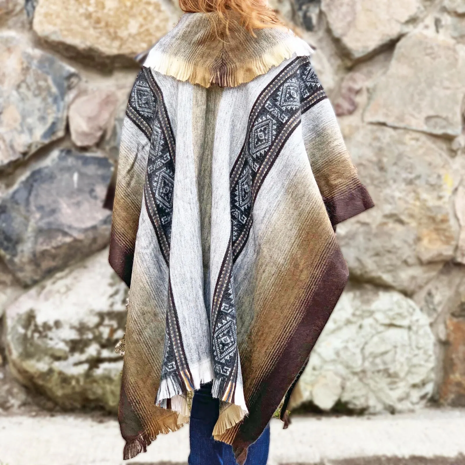 Cubi - Lightweight Baby Alpaca Wool Collared Unisex Poncho Pullover - Gray/Brown