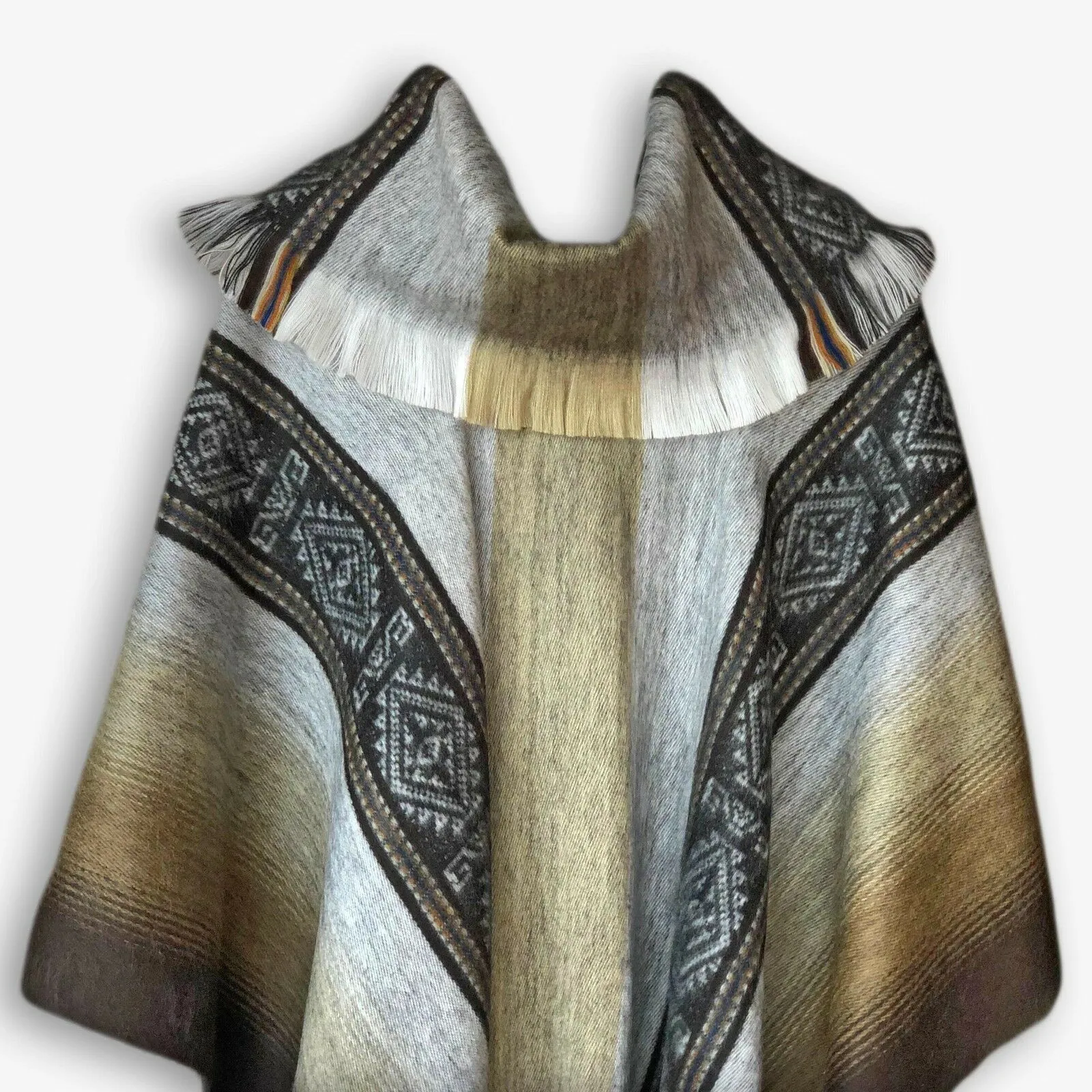 Cubi - Lightweight Baby Alpaca Wool Collared Unisex Poncho Pullover - Gray/Brown