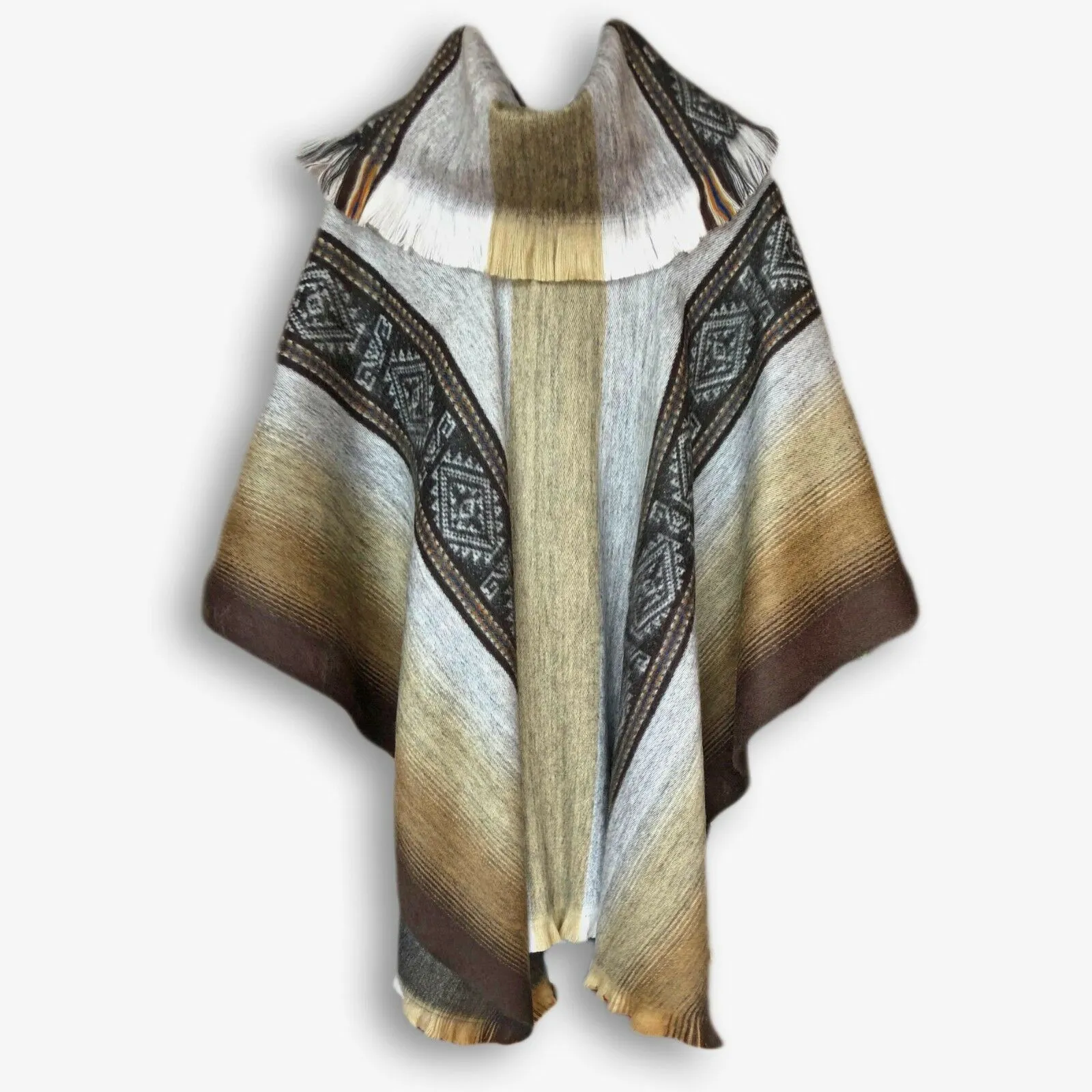 Cubi - Lightweight Baby Alpaca Wool Collared Unisex Poncho Pullover - Gray/Brown