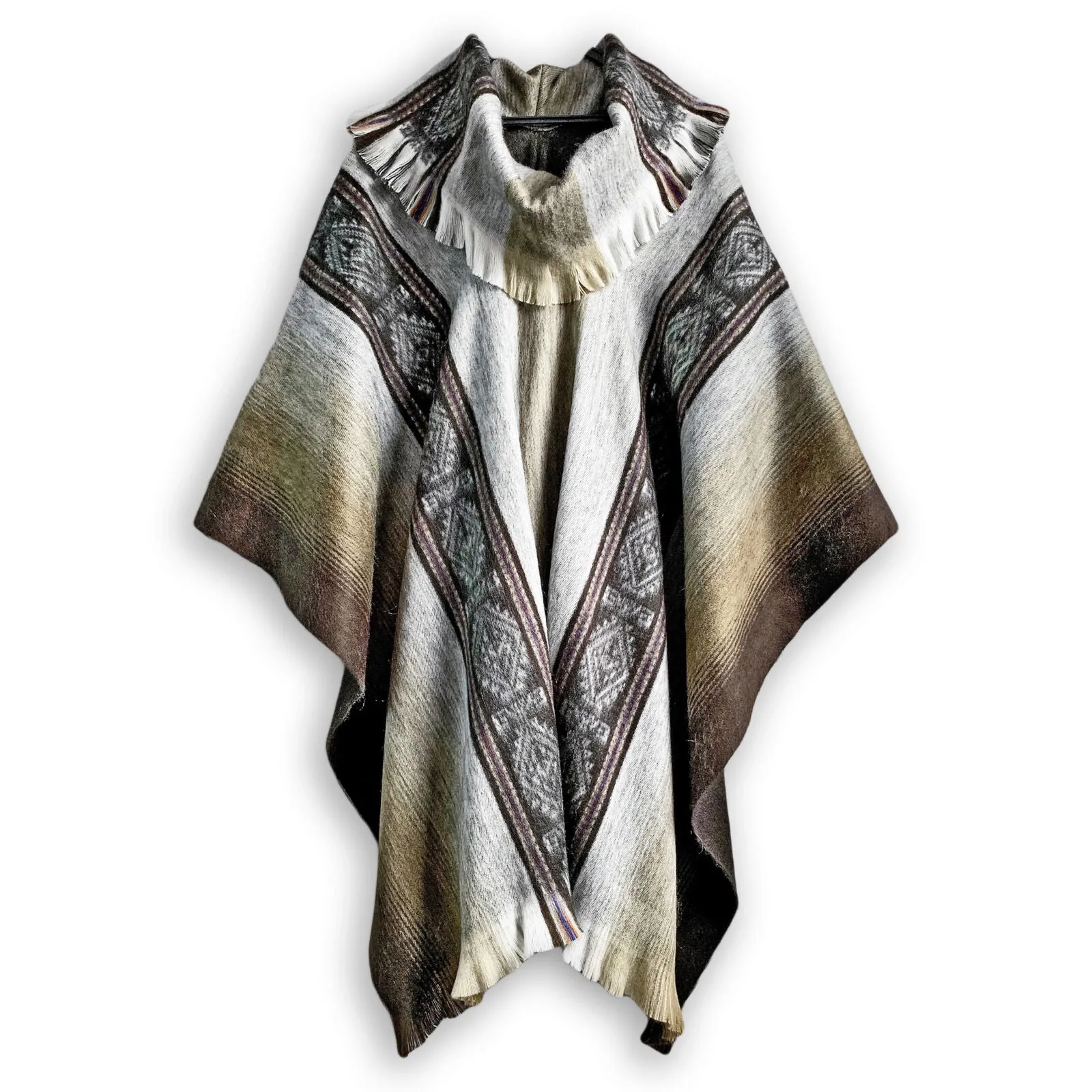 Cubi - Lightweight Baby Alpaca Wool Collared Unisex Poncho Pullover - Gray/Brown