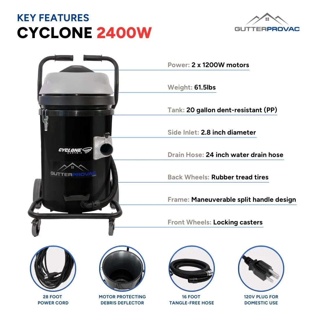 Cyclone 2400W 20 Gallon Domestic (120v) Gutter Vacuum  with 20 Foot Carbon Fiber Clamping  Poles and Bag