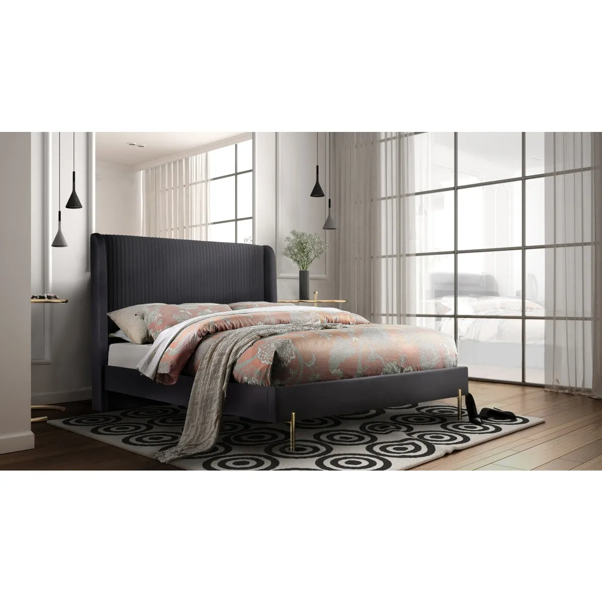 Dark Grey Velvet Upholstered Platform Bed - King Size