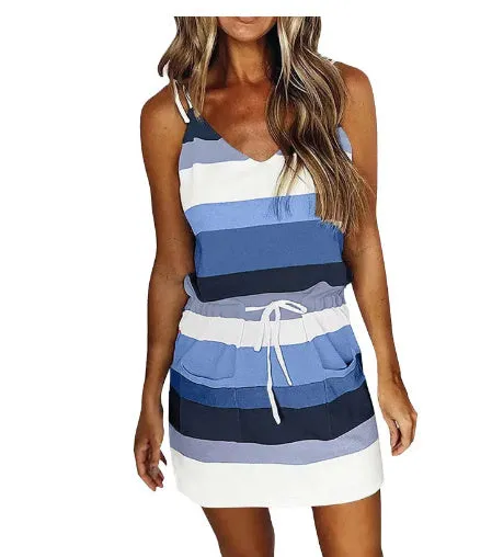 Fashion Stripe Drawstring Dress Summer Dress Loose Sleeveless Dress Women's Comfortable Casual Outfits Wear