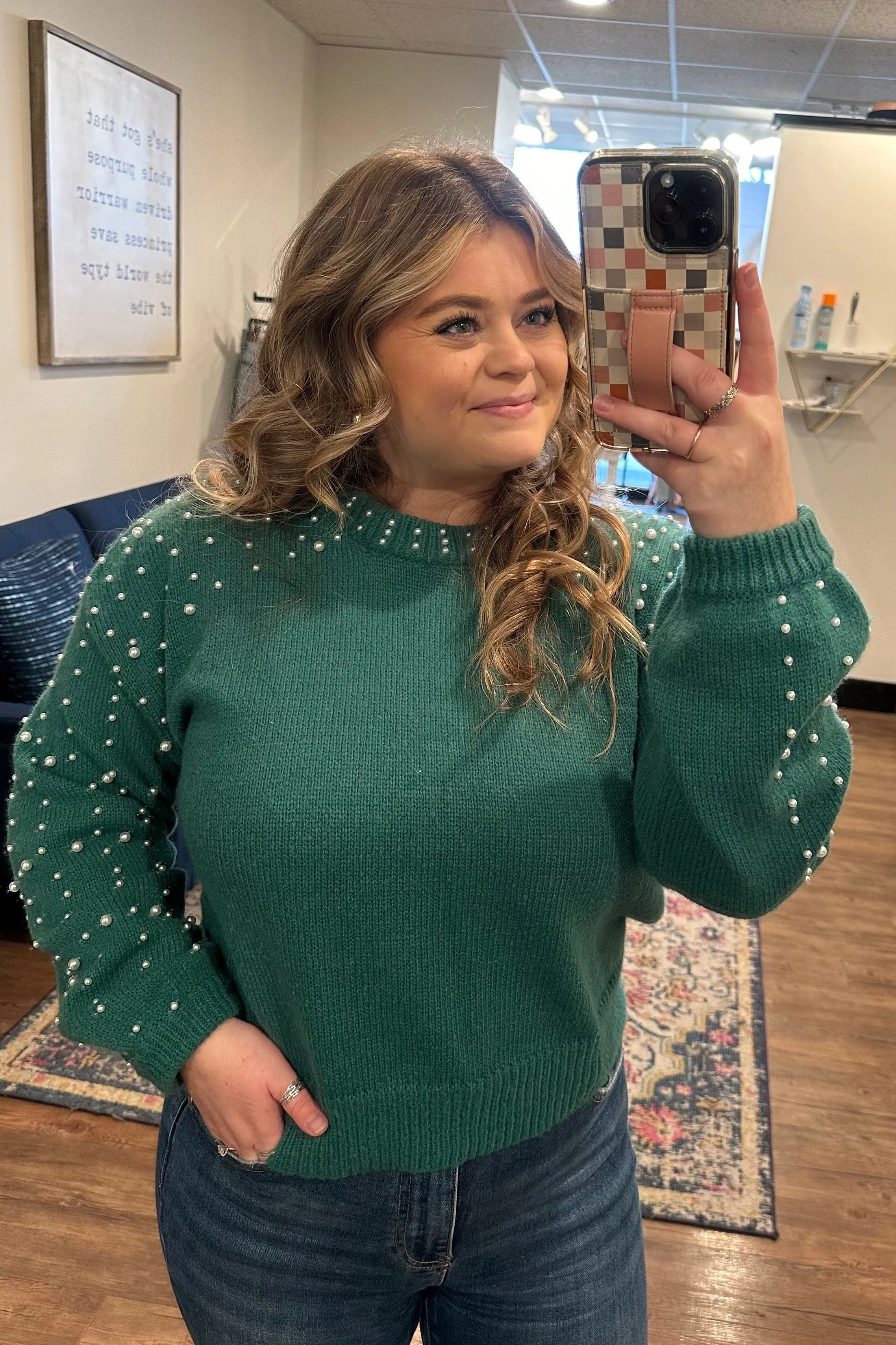 Green Pearl Balloon Sleeve Sweater
