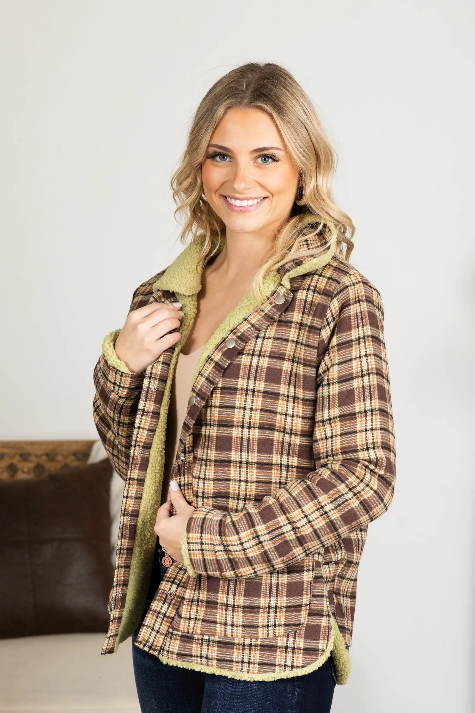 Light Olive Reversible Plaid and Sherpa Jacket
