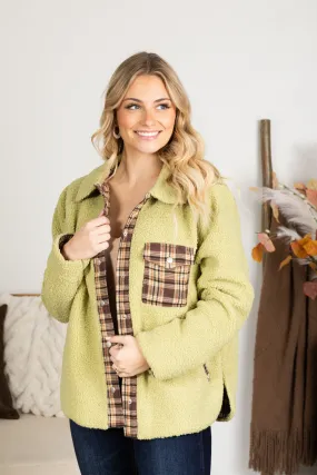 Light Olive Reversible Plaid and Sherpa Jacket