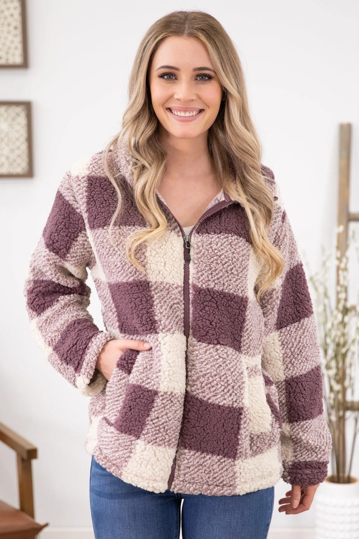 Mauve and Cream Plaid Sherpa Jacket