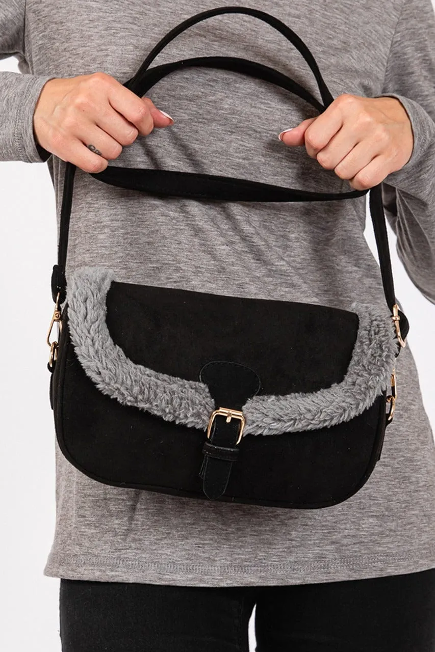 MB0261 Sherpa Trimmed Faux Suede Crossbody Bag
