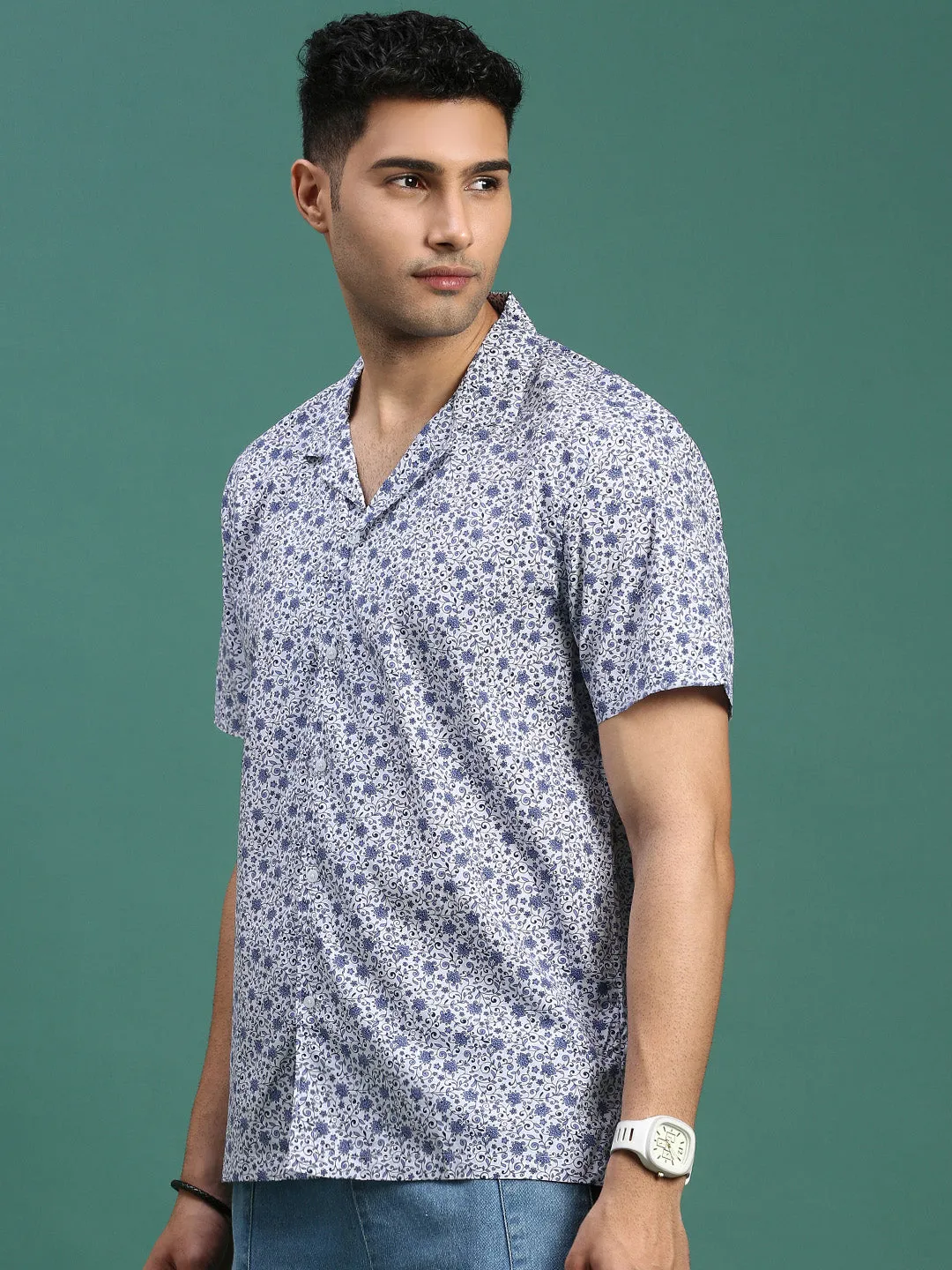 Men Cuban Collar Abstract Blue Relaxed Fit Shirt