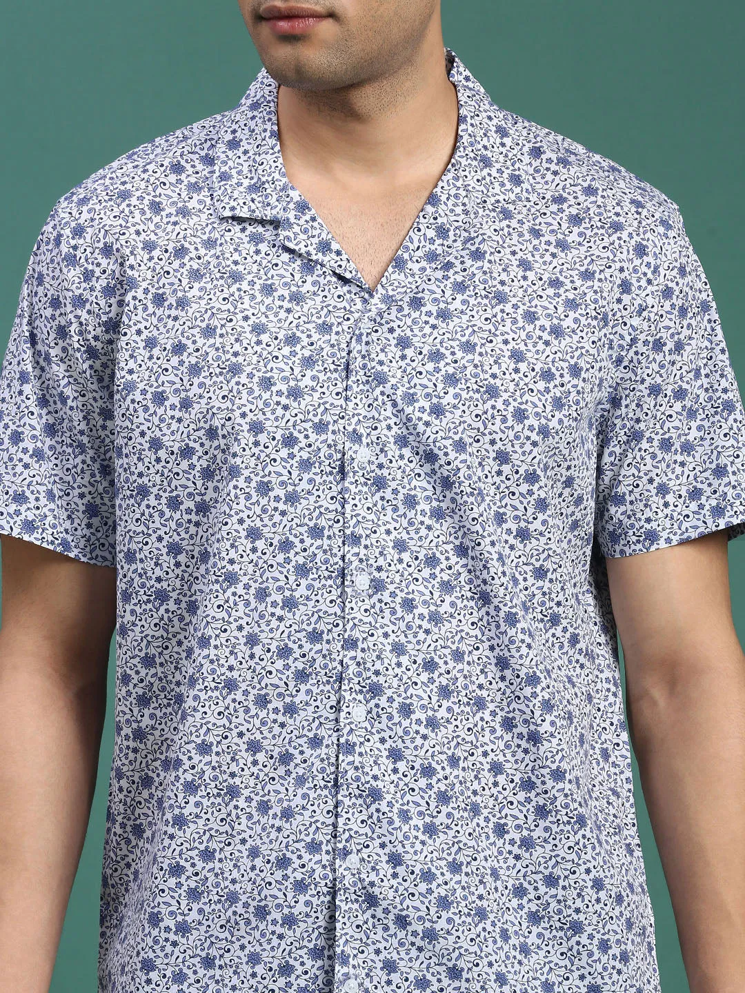 Men Cuban Collar Abstract Blue Relaxed Fit Shirt