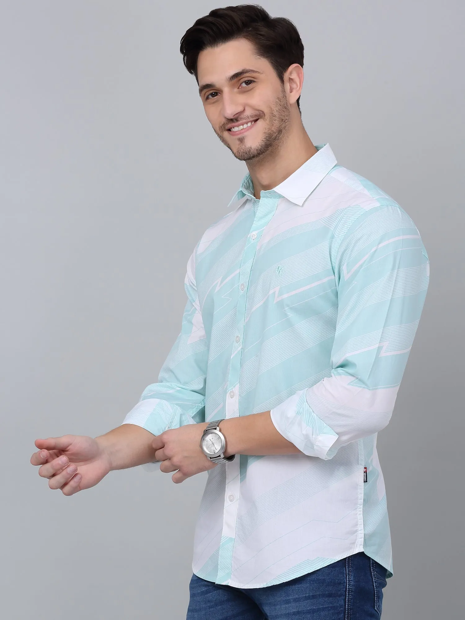 Men's Aqua Blue Casual Abstract Print Full Sleeve Shirt