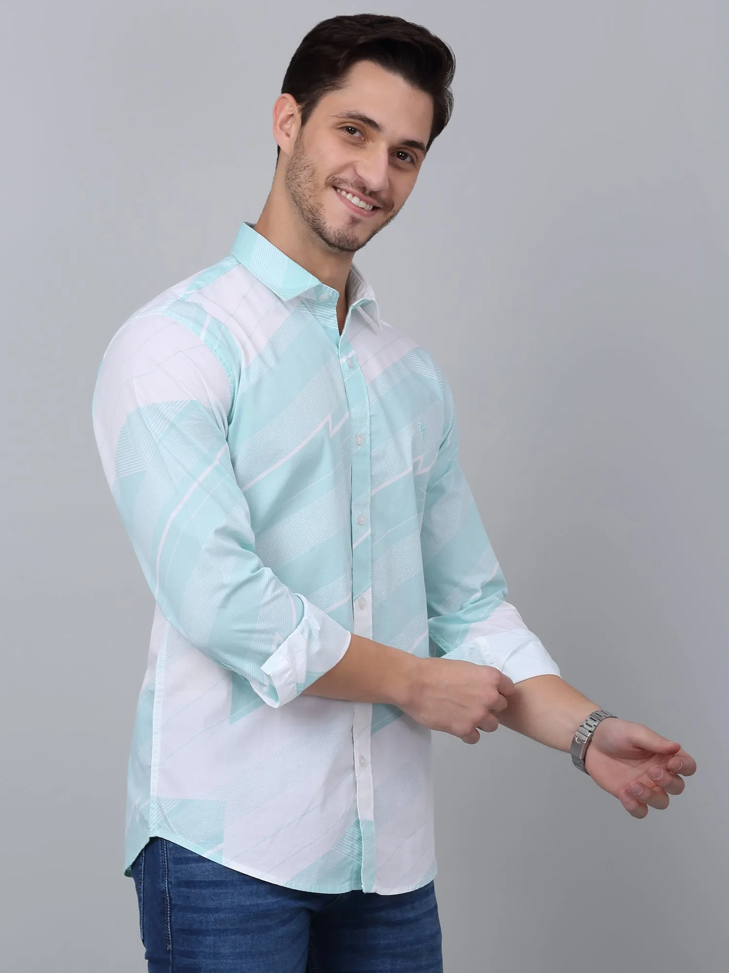 Men's Aqua Blue Casual Abstract Print Full Sleeve Shirt