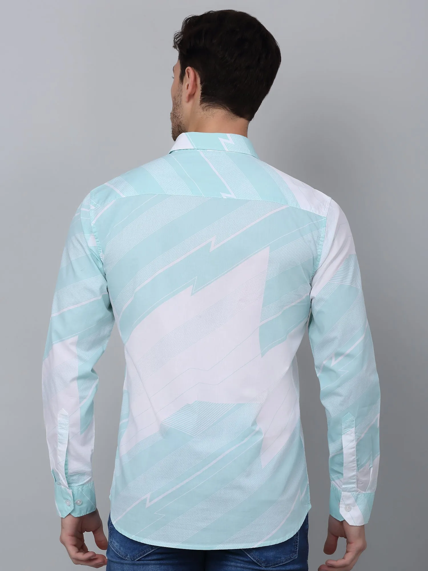 Men's Aqua Blue Casual Abstract Print Full Sleeve Shirt