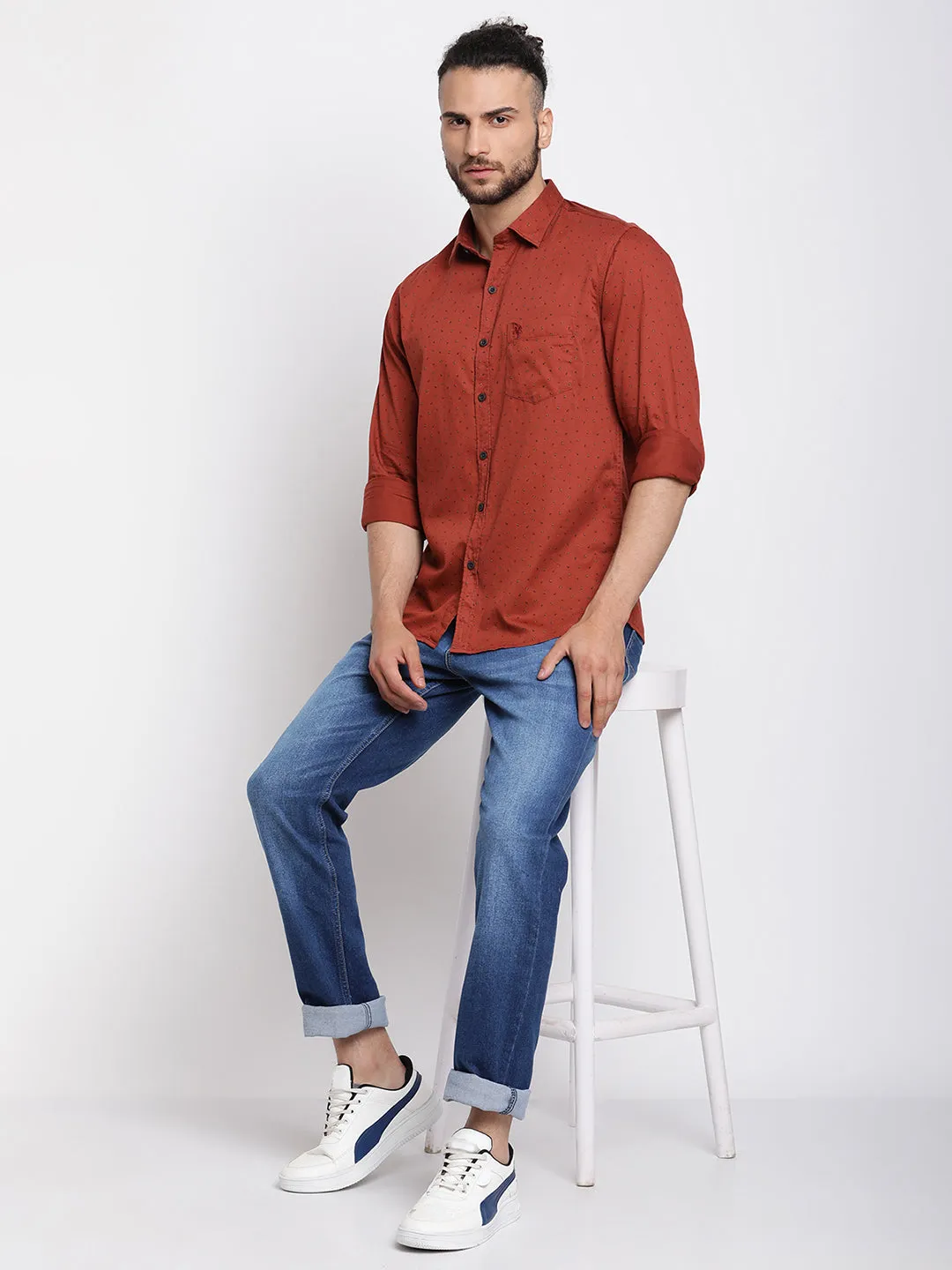 Men's Brick Red Casual Abstract Print Full Sleeve Shirt