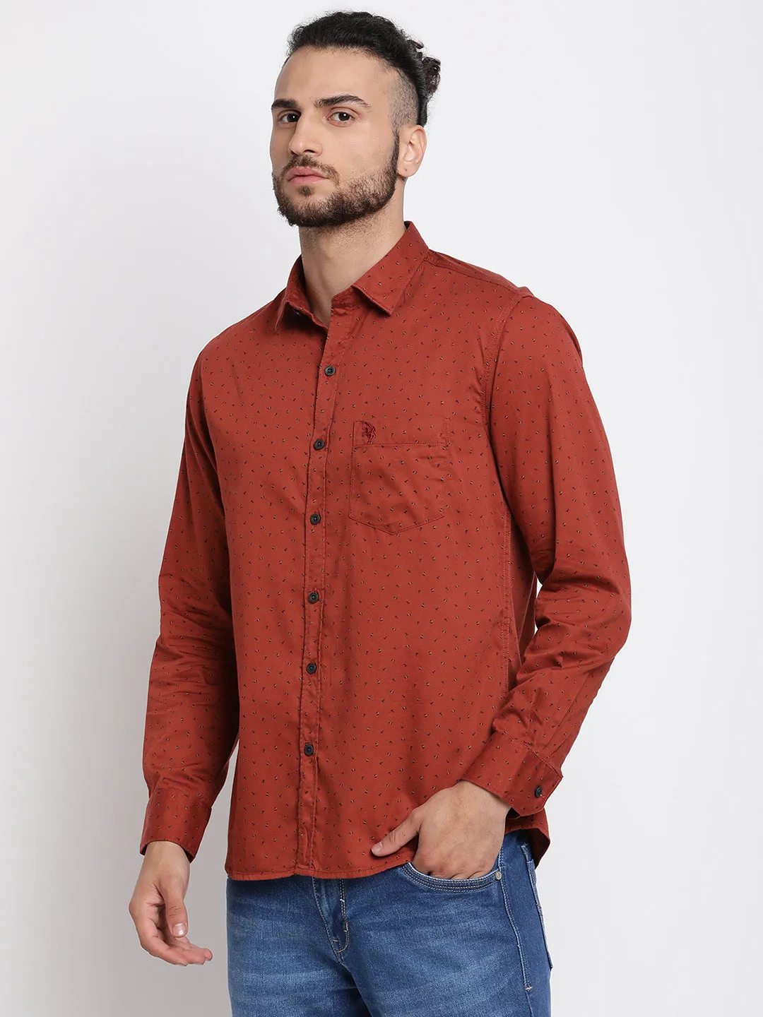 Men's Brick Red Casual Abstract Print Full Sleeve Shirt