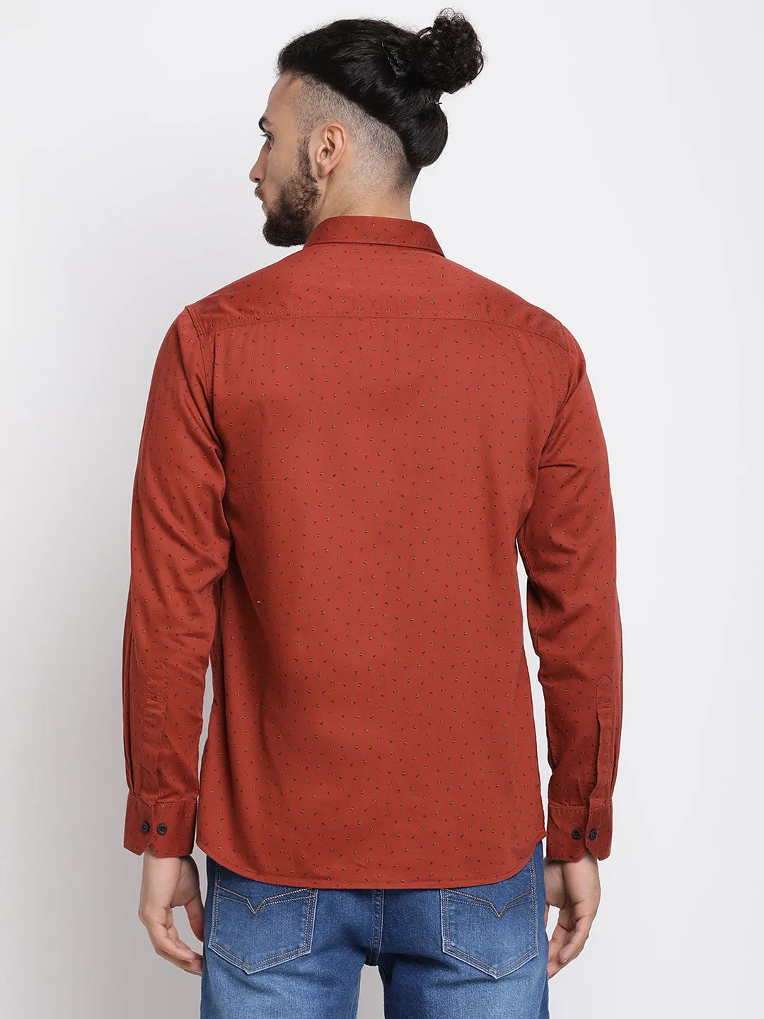 Men's Brick Red Casual Abstract Print Full Sleeve Shirt