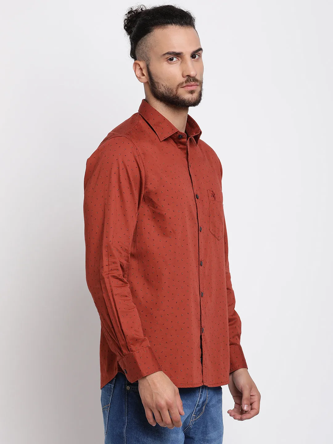 Men's Brick Red Casual Abstract Print Full Sleeve Shirt