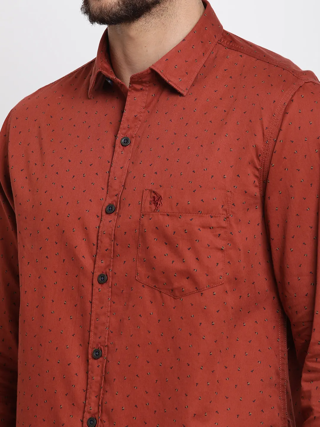 Men's Brick Red Casual Abstract Print Full Sleeve Shirt