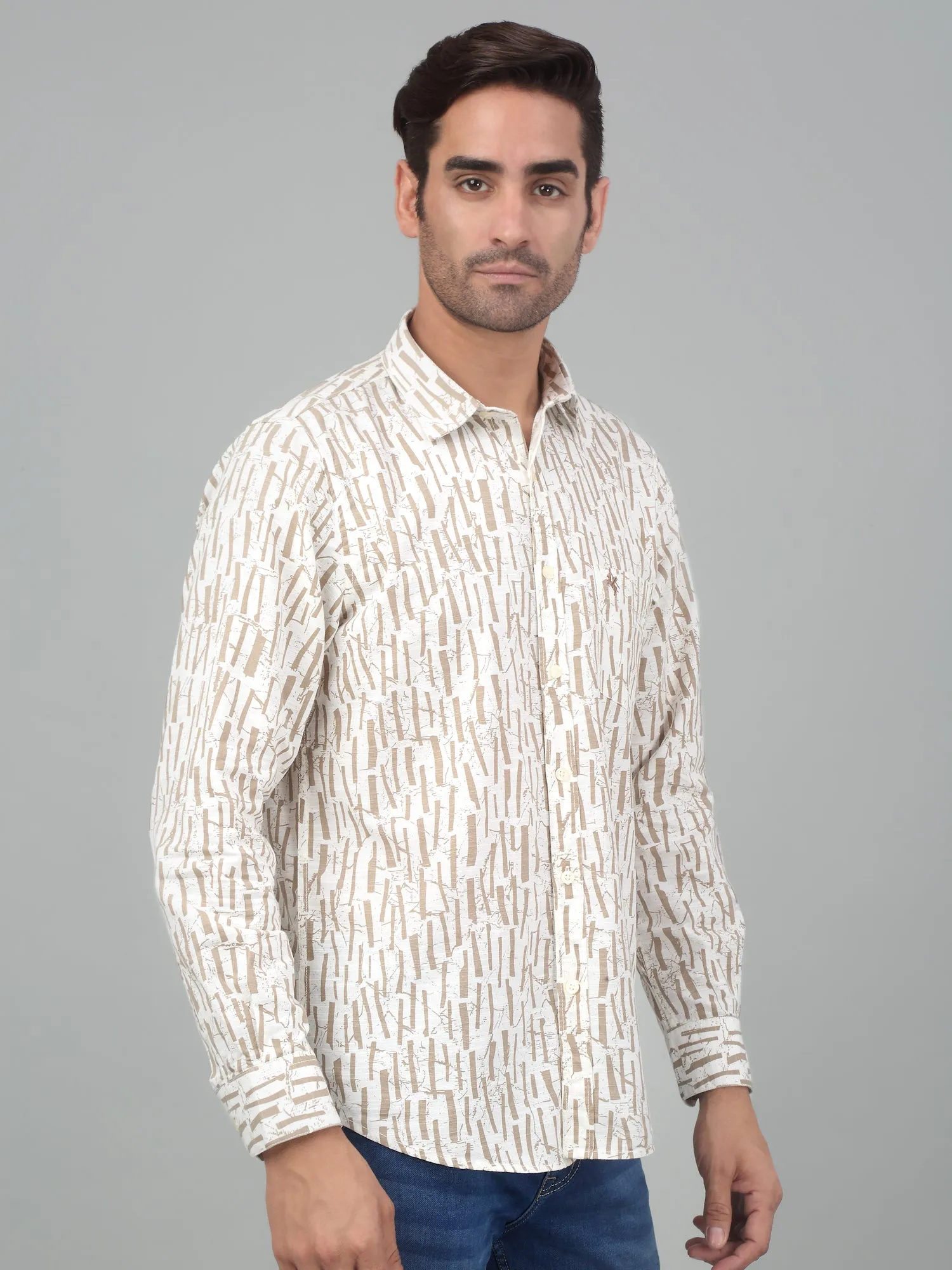 Men's Cream Casual Abstract Print Full Sleeve Shirt