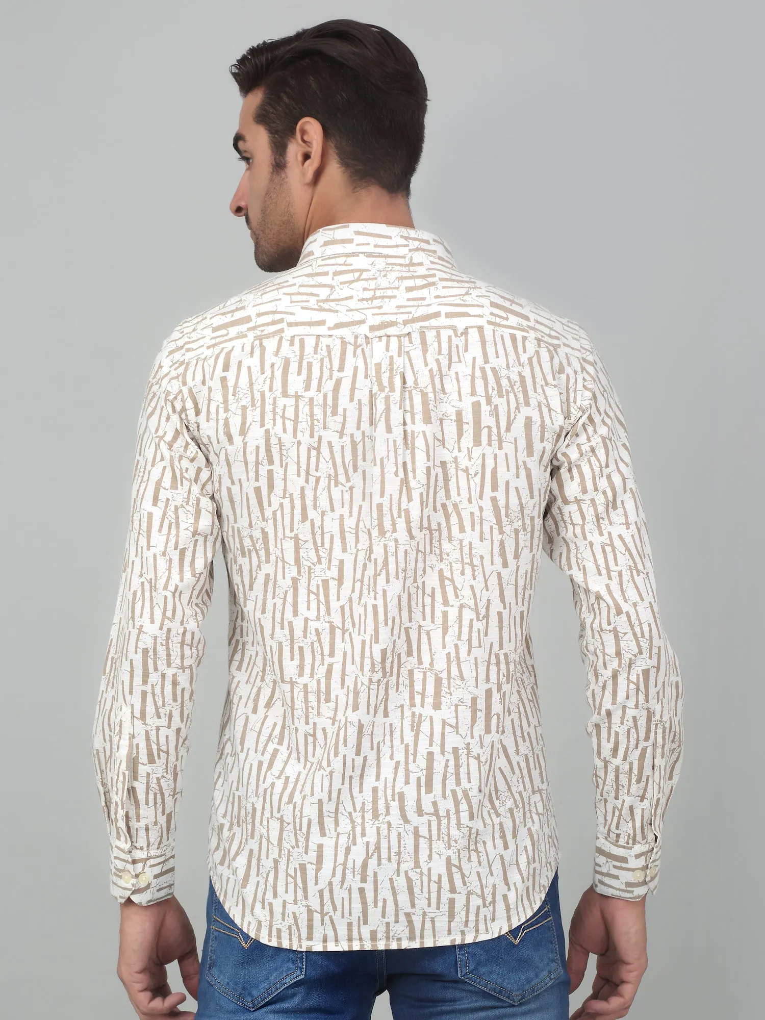 Men's Cream Casual Abstract Print Full Sleeve Shirt