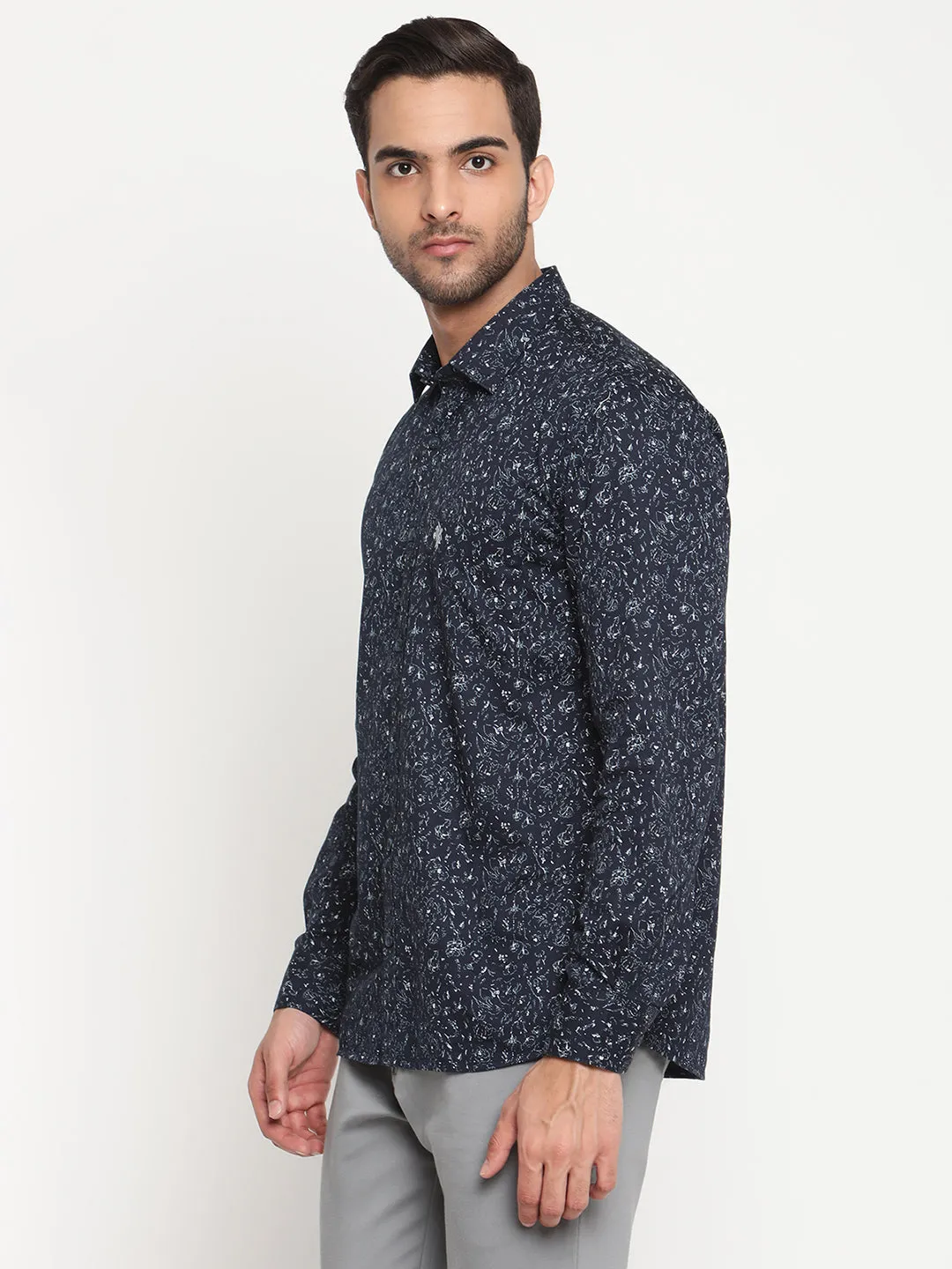 Men's Navy Blue Casual Abstract Print Full Sleeve Shirt