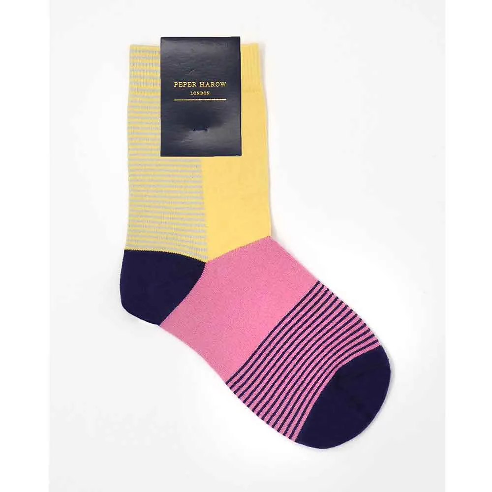 PEPER HAROW Anne Stripe Women's Luxury Cotton Socks - Daisy Pink and Yellow