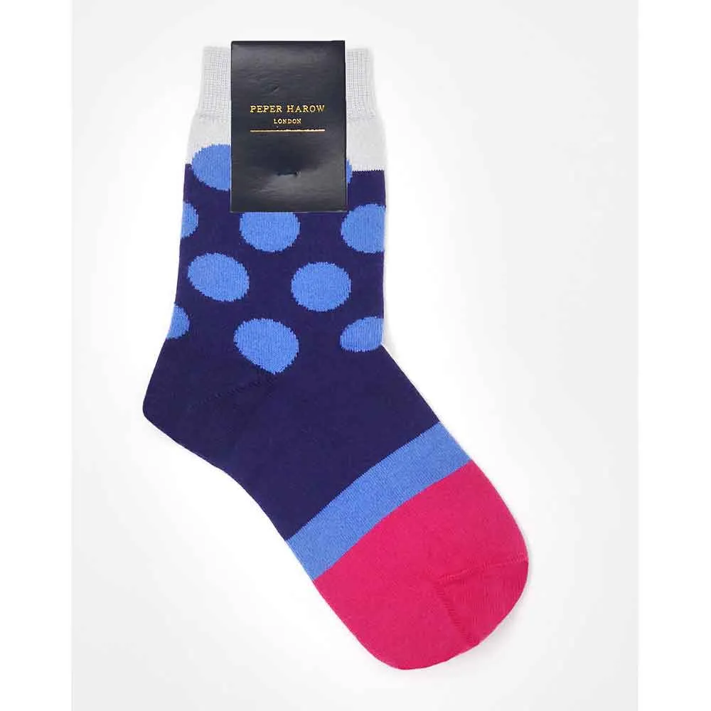 PEPER HAROW Eleanor Dot Women's Luxury Cotton Socks - Navy Blue and Orange