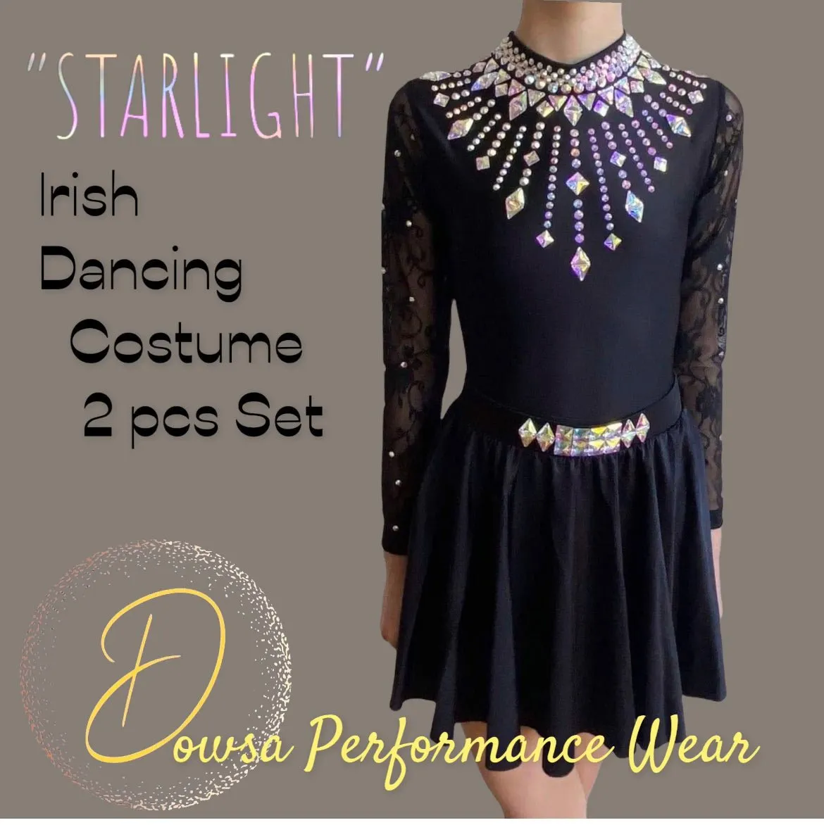 "STARLIGHT" Lace Sleeve Leotard Set with Skirt /Irish Dance Dress