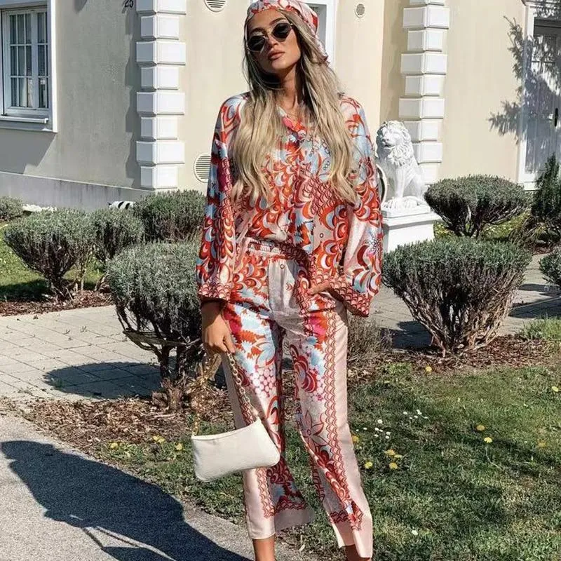 Vintage Women Satin Colorful Loose Pant Suits